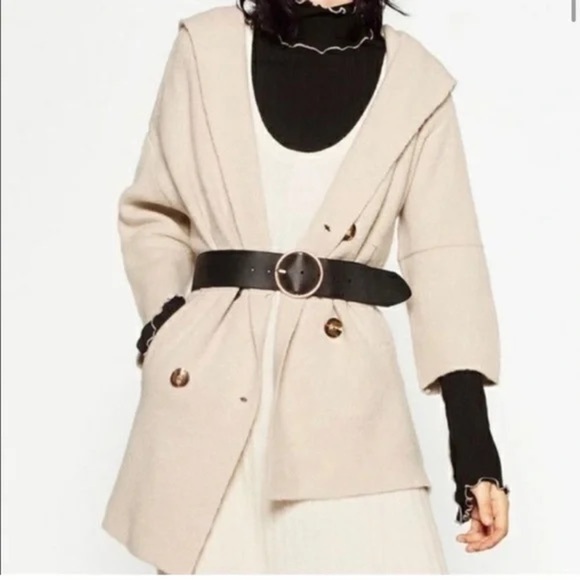 Zara Knit Double Breasted Blazer Sweater Coat Jacket Hooded Oatmeal Beige Small - Picture 1 of 11